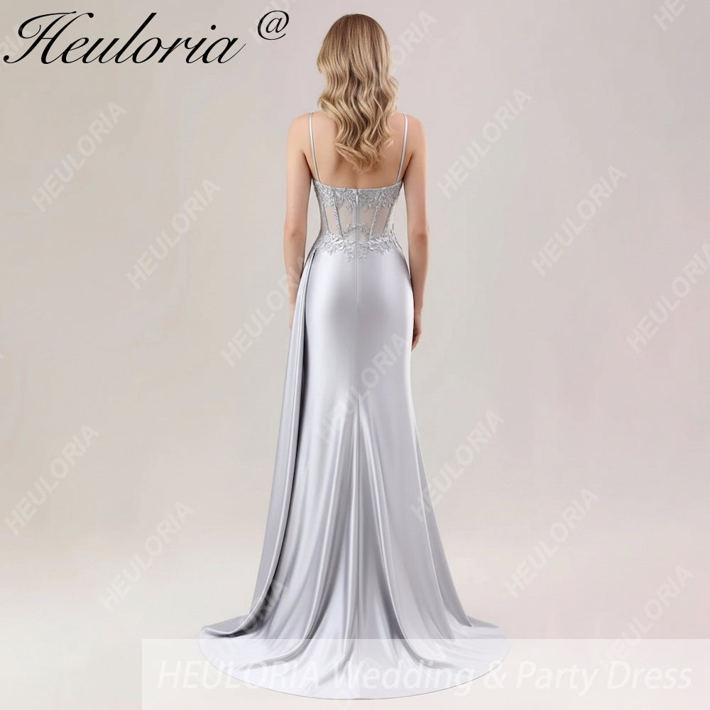 HEULORIA Elegant Satin Corset Evening Gown with Lace Appliqué & High Side Slit Prom dresses ED-219