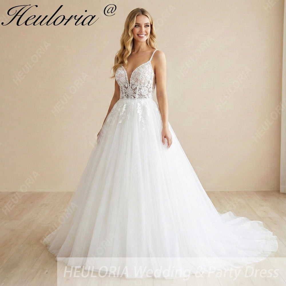 HEULORIA Ethereal Floral Lace A-Line Wedding Dress - Plunging V-Neck with Beaded Spaghetti Straps AL-1069