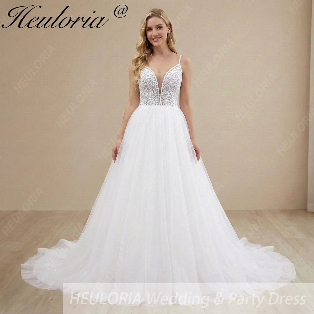 Heuloria Romantic Leafy Lace A-Line Wedding Dress: Plunge V-Neck & Sequined Tulle with Corset Back AL-1031 Main image