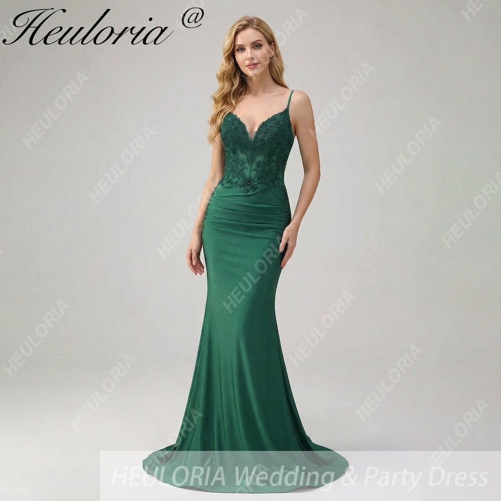 HEULORIA Emerald Green Lace Bodice Mermaid Evening Gown with Spaghetti Straps and Ruched Back formal dresses ED-218