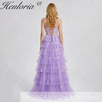 HEULORIA Enchanting Lavender Tiered Tulle Prom Dress - Floral Lace Bodice & Lace-Up Back ED-225