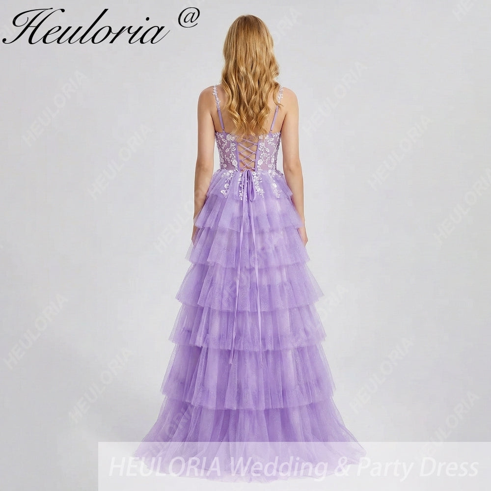 HEULORIA Enchanting Lavender Tiered Tulle Prom Dress - Floral Lace Bodice & Lace-Up Back ED-225