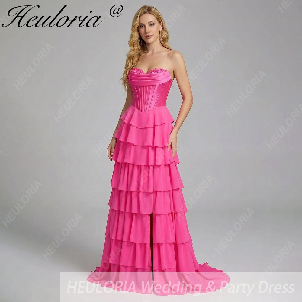 HEULORIA Strapless Corset Bodice Tiered Ruffle Evening Gown - Multi-Color prom dress ED-236