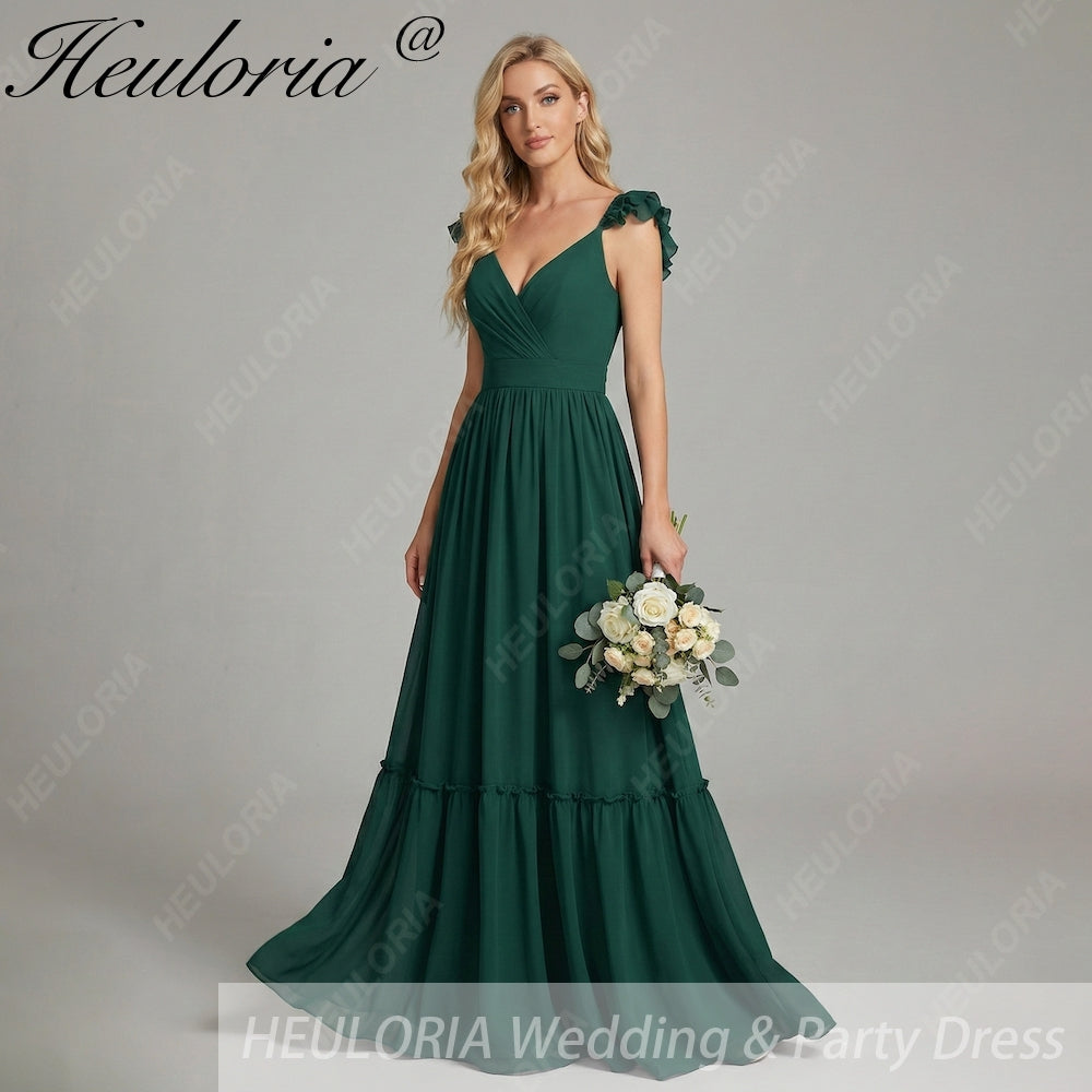 HEULORIA Dark Green A Line Off The Shoulder Chiffon Ruched Long Bridesmaid Dress ED-245 Image principale du produit