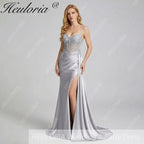 HEULORIA Elegant Satin Corset Evening Gown with Lace Appliqué & High Side Slit Prom dresses ED-219