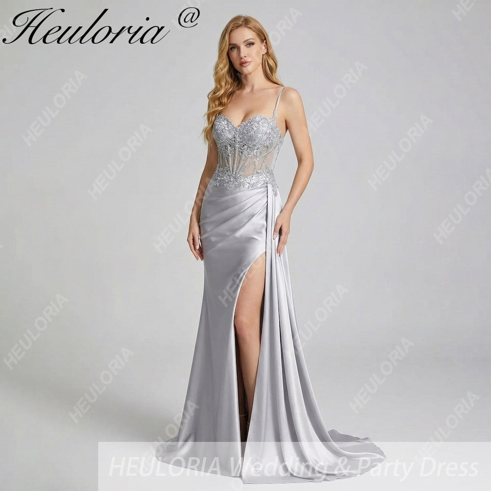 HEULORIA Elegant Satin Corset Evening Gown with Lace Appliqué & High Side Slit Prom dresses ED-219