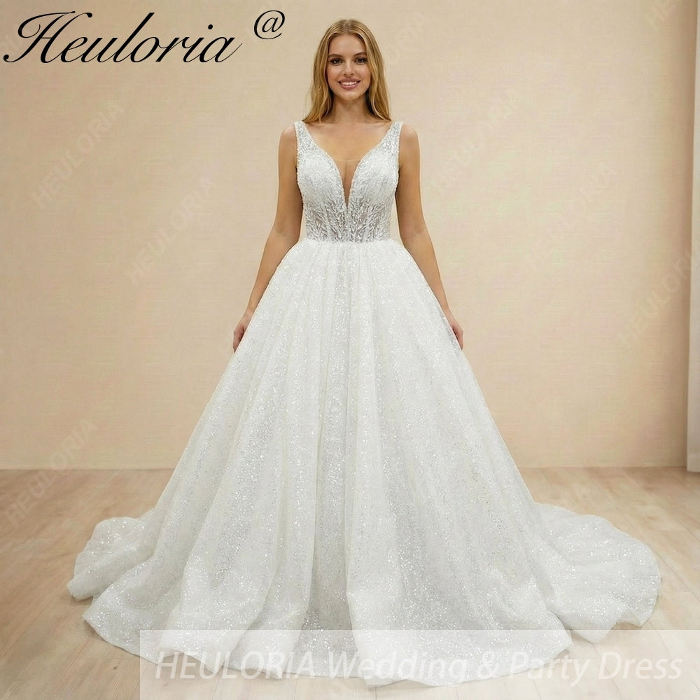 Heuloria Shimmering Deep V-Neck Glitter Ball Gown Wedding Dress - Sequined Lace Illusion Bodice) BA-1019