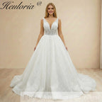 Heuloria Shimmering Deep V-Neck Glitter Ball Gown Wedding Dress - Sequined Lace Illusion Bodice) BA-1019