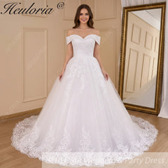 HEULORIA Ball-Gown/Princess Off the Shoulder Court Train Tulle Lace Wedding Dress With Sequins Beading BA-655A