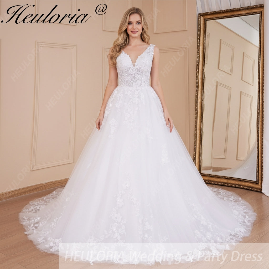 HEULORIA A-line V-Neck Court Train Lace Wedding Dress With Sequins beading AL-560A Main image