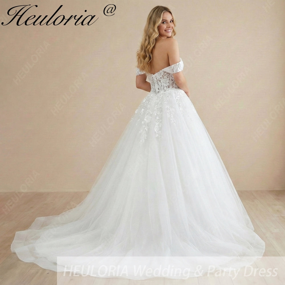 HEULORIA elegant A line wedding dress off shoulder Sparkly Glitter lace bridal dress long sleeve Robe De Mariee Wedding Bride Dress long train AL-1067