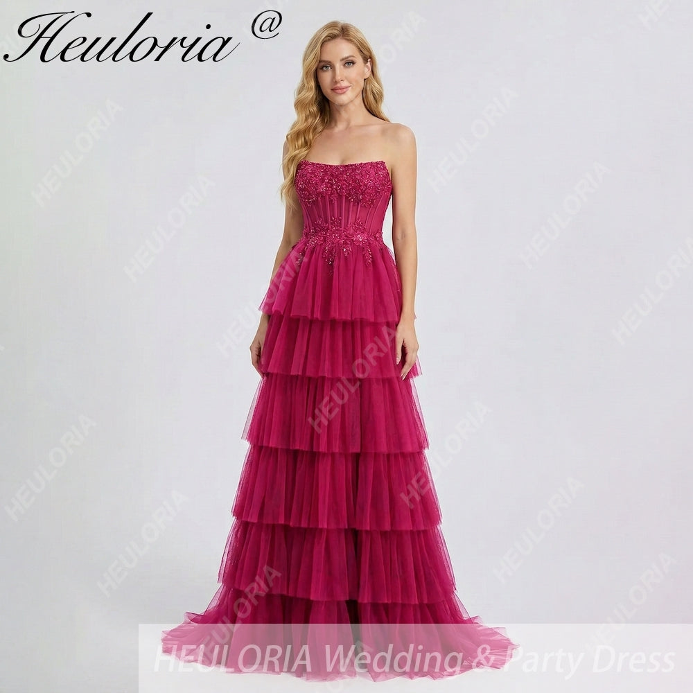 HEULORIA Fuchsia Strapless Tiered Tulle Evening Gown - Floral Lace Sequin Corset Prom Dress ED-224