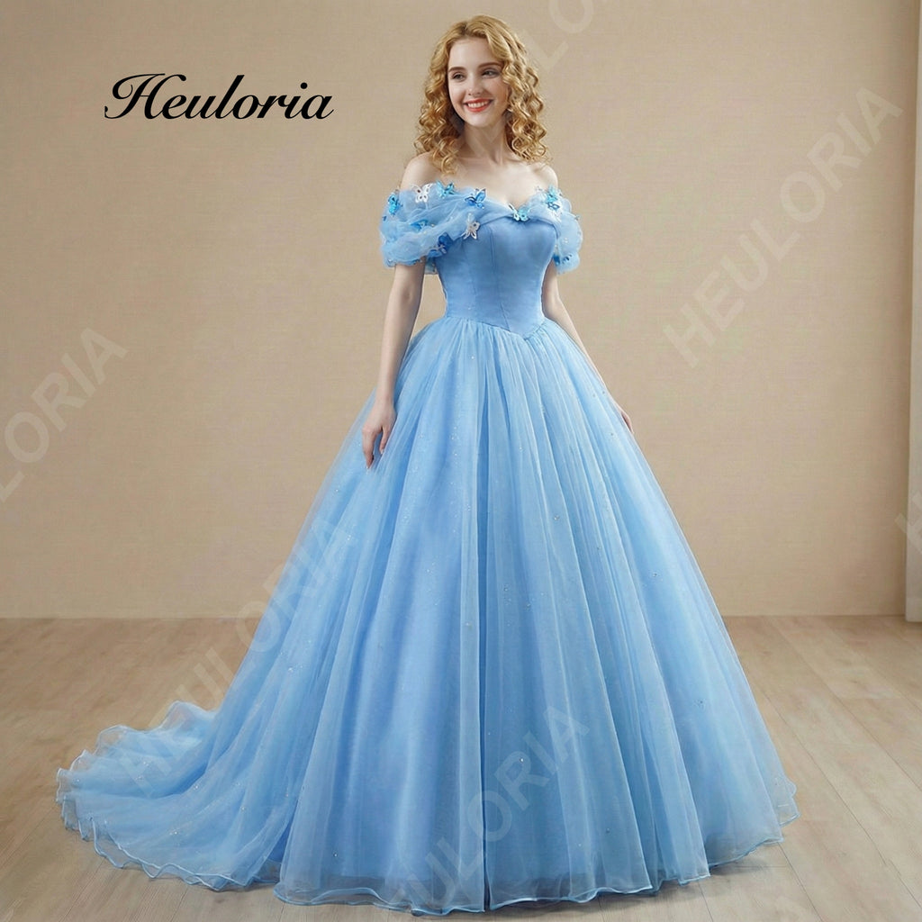HEULORIA Cinderella Blue Butterfly Ball Gown - Off-the-Shoulder Tulle Quinceañera Prom Dress with Corset Back BA-1310