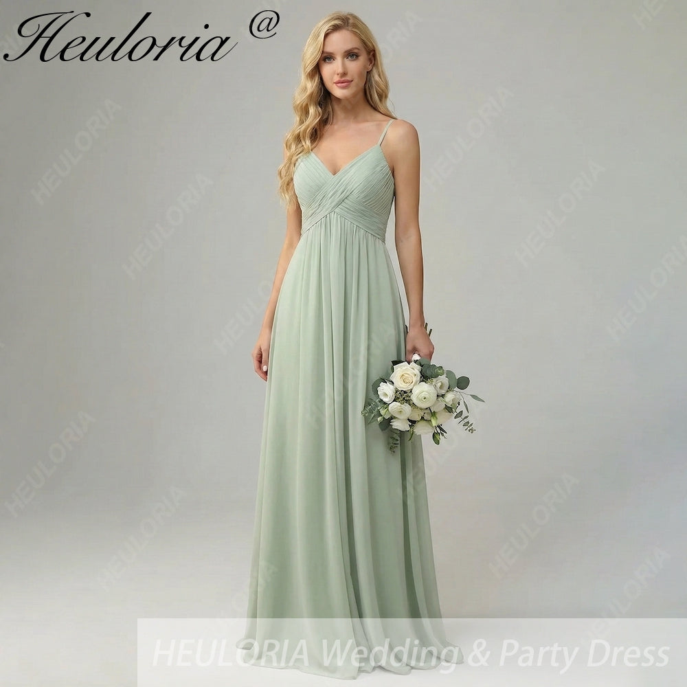 HEULORIA Dusty Sage V-Neck Criss-Cross Pleated Chiffon Maxi Dress - Adjustable Spaghetti Straps Bridesmaid Dress ED-254
