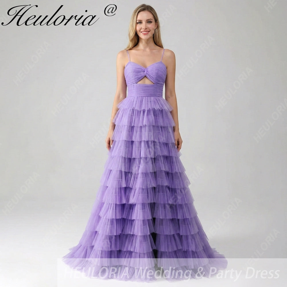 Heuloria Lavender Ethereal Tiered Tulle Evening Gown - Twisted Cut-out Sweetheart Neckline & Spaghetti Straps ED-239 Imagen principal del producto
