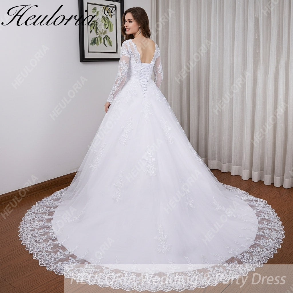 HEULORIA princess Wedding Dress long sleeve round neck bride dress lace beading lace up Plus size wedding gown  BA-BL