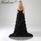 HEULORIA Sparkling Black Sequin Tiered Evening Gown - Strapless Layered Tulle Formal Dress ED-234