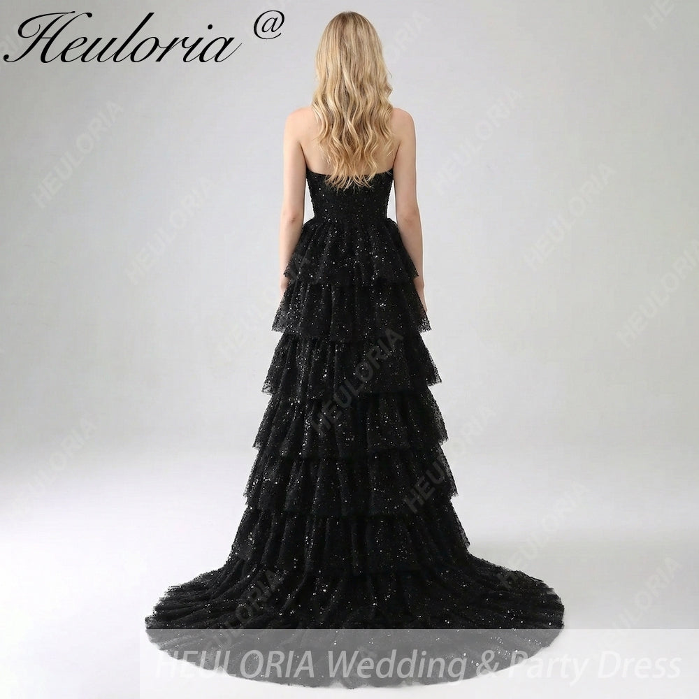 HEULORIA Sparkling Black Sequin Tiered Evening Gown - Strapless Layered Tulle Formal Dress ED-234