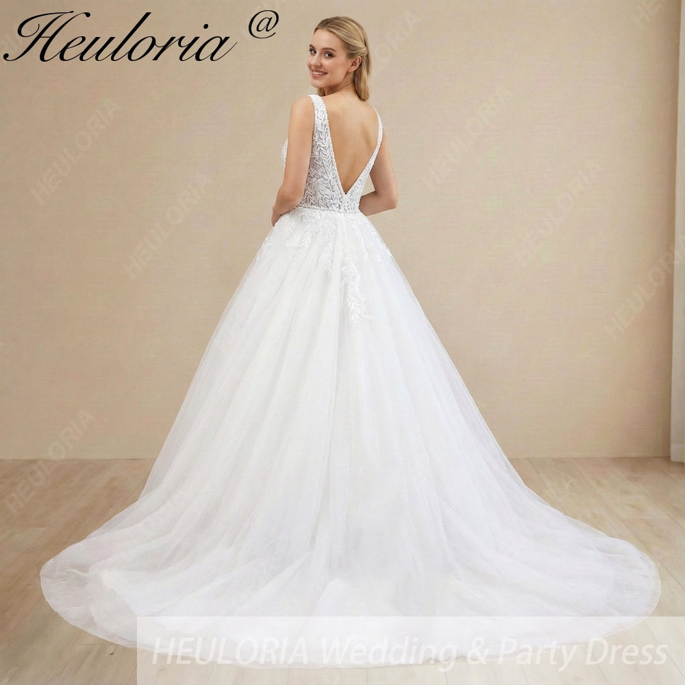 HEULORIA V Neck Sleeveless A line Wedding Dress Boho Lace Appliques Tulle Long Bridal Gowns Backless Vestidos de Novia Customized AL-1107