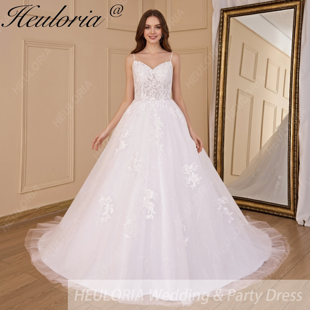 HEULORIA A-line Sweetheart Court Train Lace Tulle Wedding Dress With Sequins AL-717A