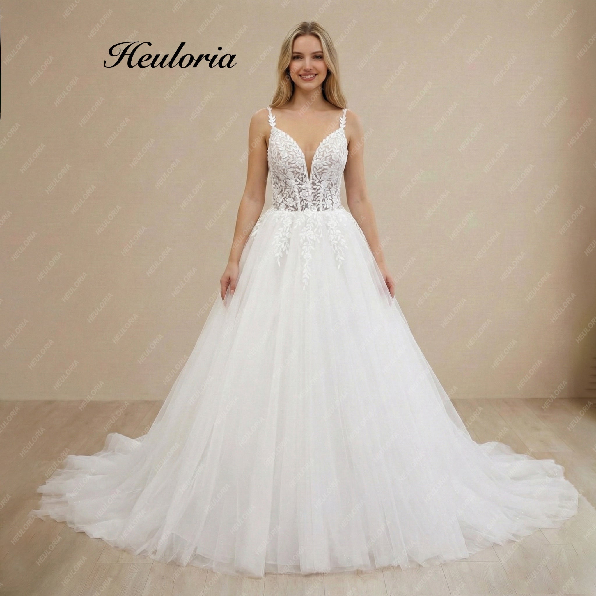 HEULORIA Ethereal Leafy Lace A-Line Wedding Dress with Plunging V-Neck and Shimmering Tulle AL-1009 Main image