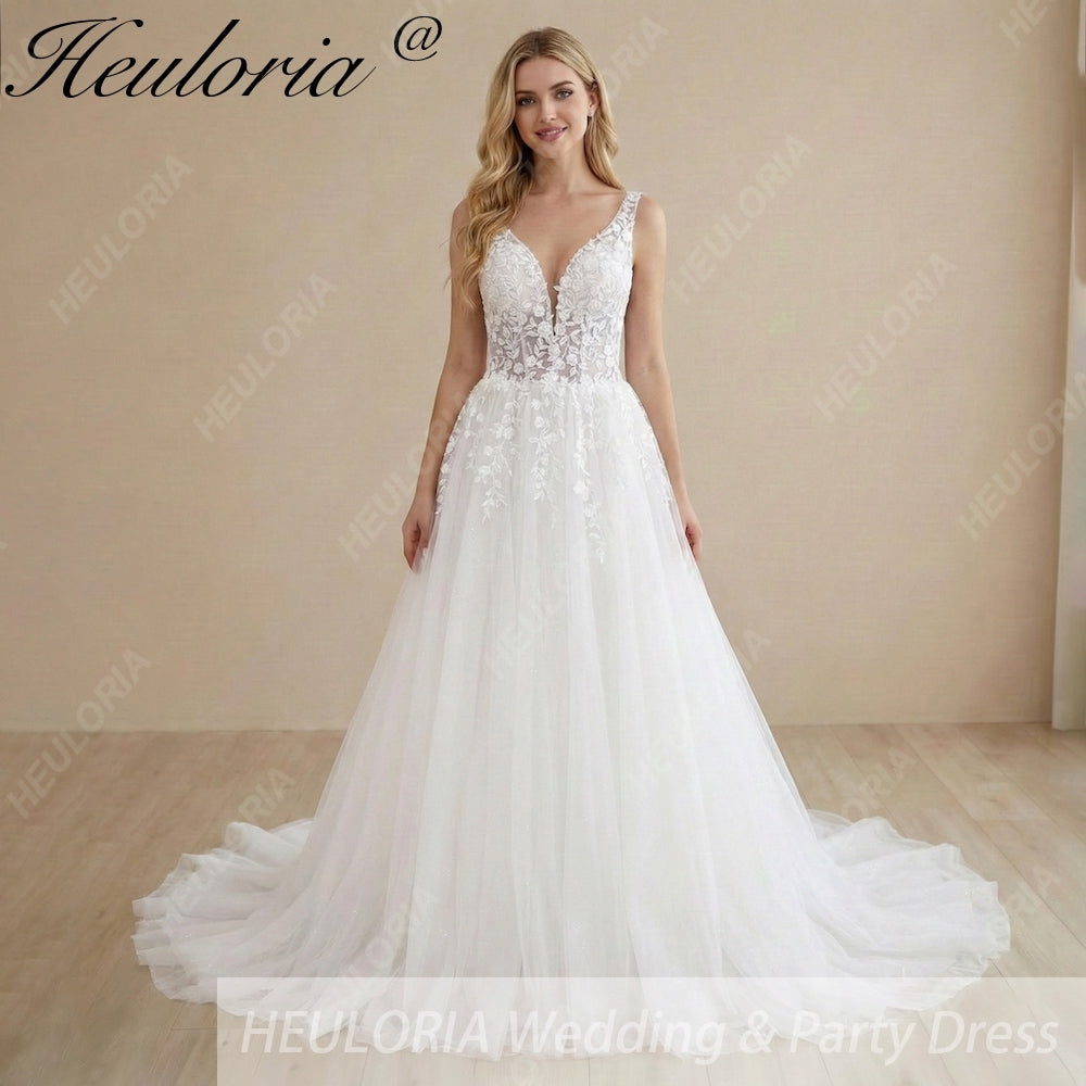HEULORIA Botanical Leaf Lace Deep V-Neck A-Line Wedding Dress with Daring Thigh Slit & Shimmer Tulle AL-1065