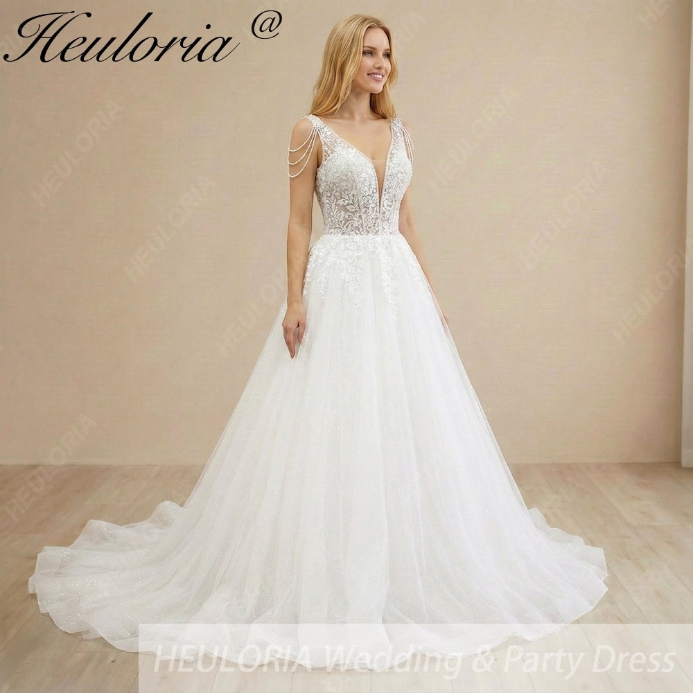 Heuloria Ethereal A-Line Wedding Dress with Deep V-Neck and Draped Pearl Shoulder Accents AL-969