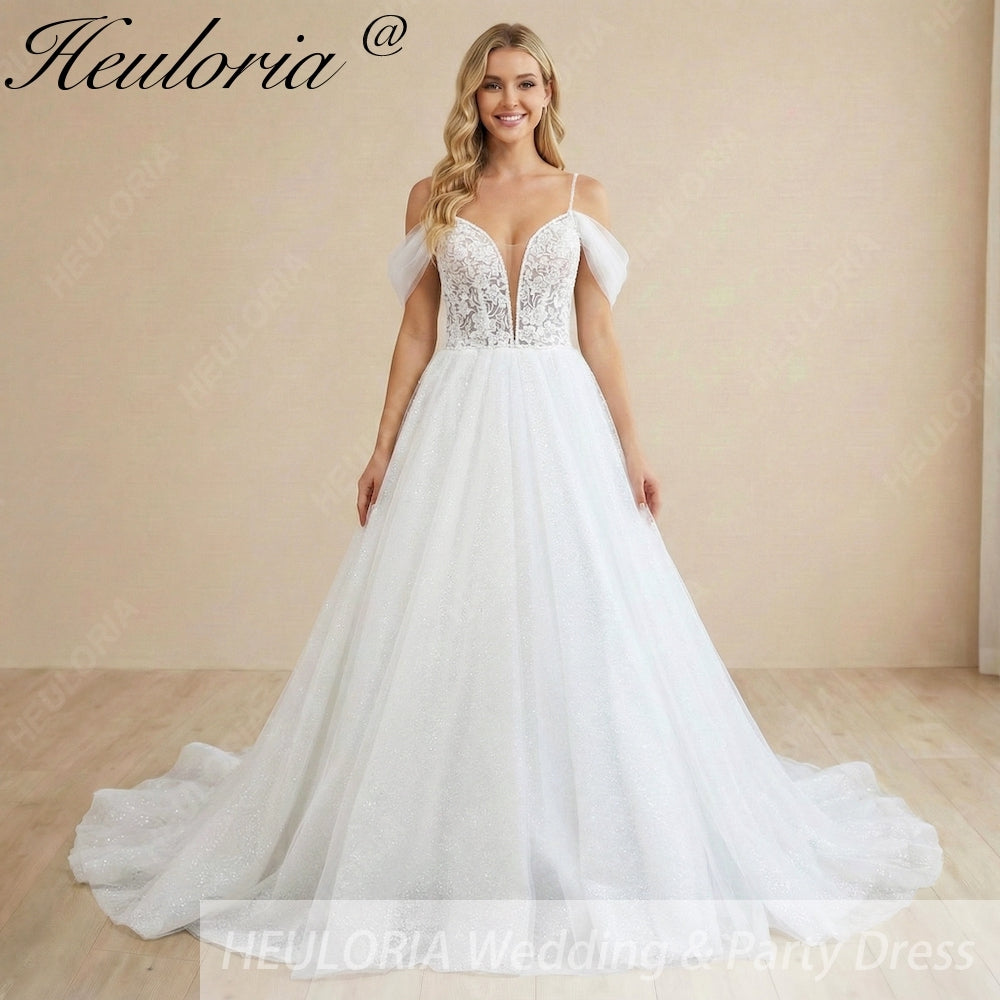 Heuloria Sparkly A-Line Lace Wedding Dress with Plunging V-Neck and Detachable Off-the-Shoulder Sleeves AL-1018 Main image