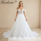 Heuloria Sparkly A-Line Lace Wedding Dress with Plunging V-Neck and Detachable Off-the-Shoulder Sleeves AL-1018
