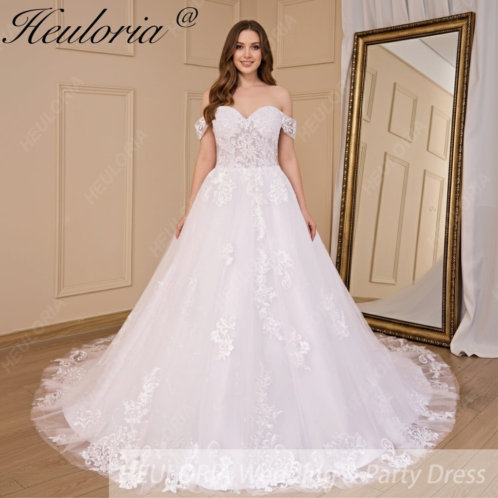 HEULORIA Ball-Gown/Princess Off the Shoulder Detachable sleeve Court Train Tulle Lace Wedding Dress With Sequins Beading BA-718