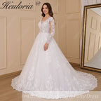 HEULORIA Elegant Scalloped V-Neck Lace Wedding Dress with Illusion Long Sleeves and Royal Cathedral Train BA-721