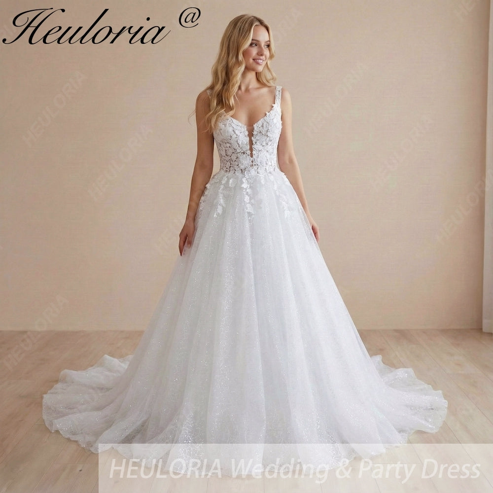 HEULORIA Romantic 3D Floral Lace A-Line Wedding Dress - Plunging V-Neck & Shimmering Tulle Skirt AL-1105 Image principale du produit
