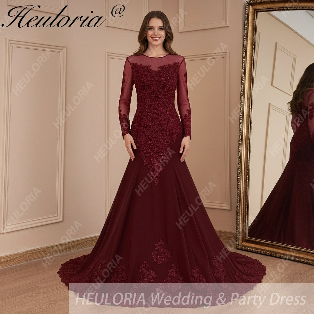 HEULORIA Mermaid Evening Dresses Long sleeve lace applique wedding dress formal prom dress Immagine principale del prodotto