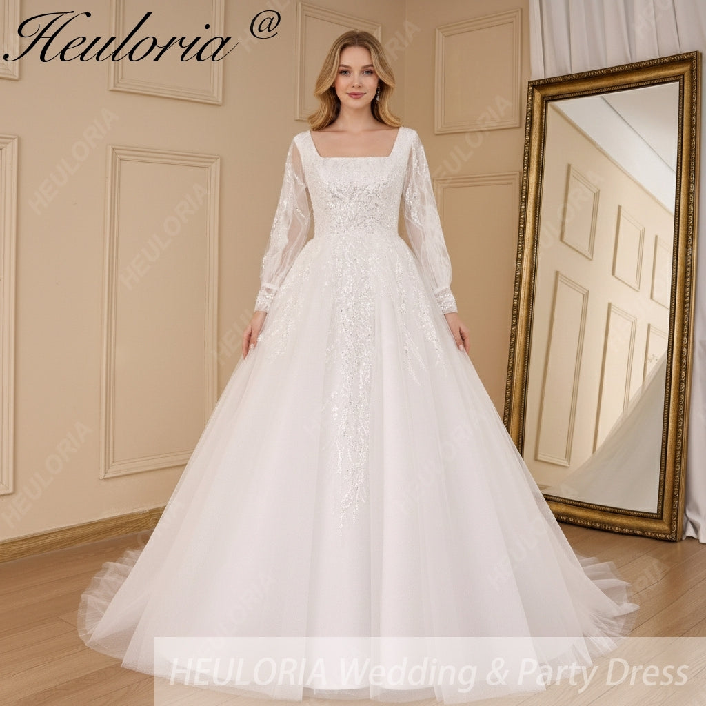 HEULORIA elegant A line wedding dress long sleeve Sparkly Glitter lace beading bride dress Robe De Mariee Wedding Bride Dress AL-820 Immagine principale del prodotto