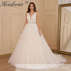 HEULORIA A-line V-Neck Sweep Train Lace Tulle Wedding Dress With Sequins Beading AL-611