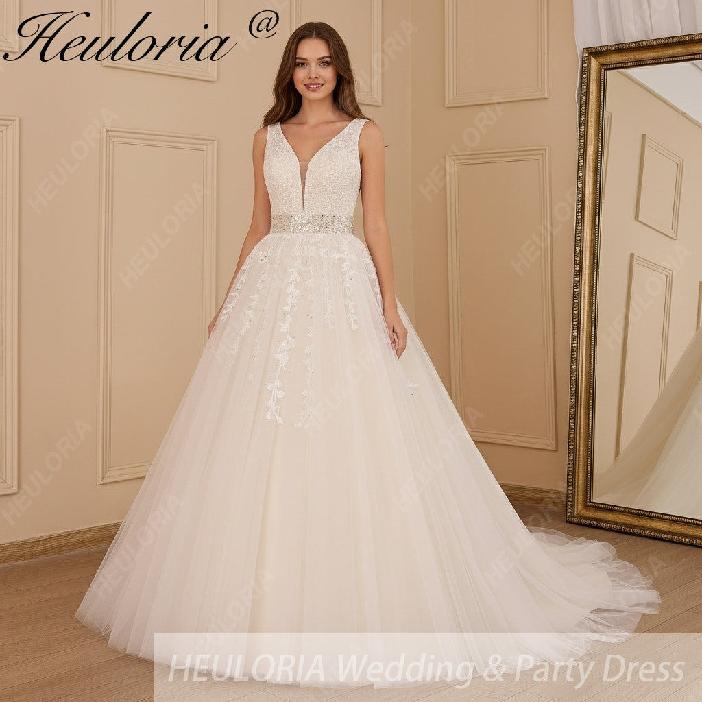 HEULORIA A-line V-Neck Sweep Train Lace Tulle Wedding Dress With Sequins Beading AL-611