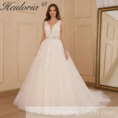 HEULORIA A-line V-Neck Sweep Train Lace Tulle Wedding Dress With Sequins Beading AL-611