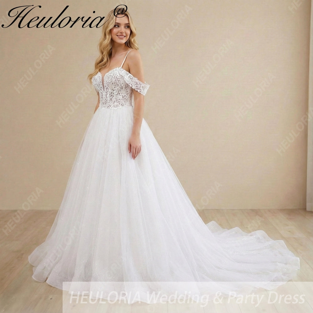 Sparkling Glitter Tulle A-Line Wedding Dress: Sweetheart Plunge & Detachable Lace Sleeves AL-1024