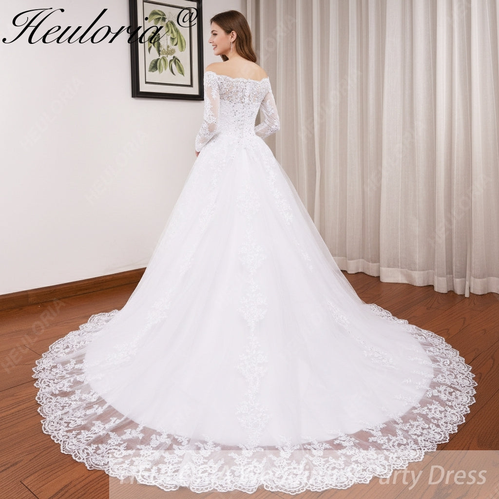 HEULORIA elegant Princess wedding dress long sleeve off shoulder lace bride dress Robe De Mariee Wedding Bride Dress long train BA-OFB Immagine secondaria del prodotto