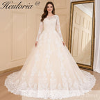 HEULORIA Princess Ball Gown Wedding Dress long sleeve bride dress O neck plus size robe de mariee Lace beading  Bridal Gown BA-599