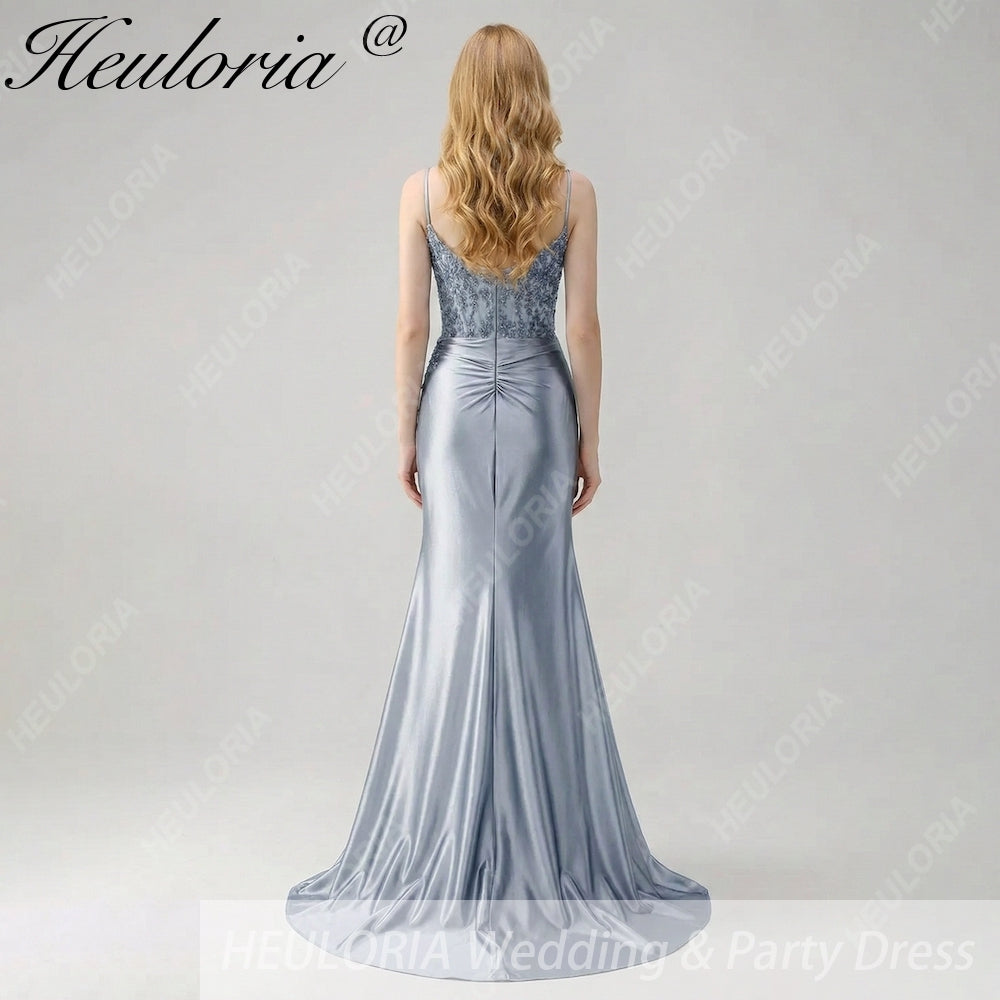 HEULORIA Sage Green Satin Mermaid Evening Dress with Lace Corset Bodice & High Slit ED-212