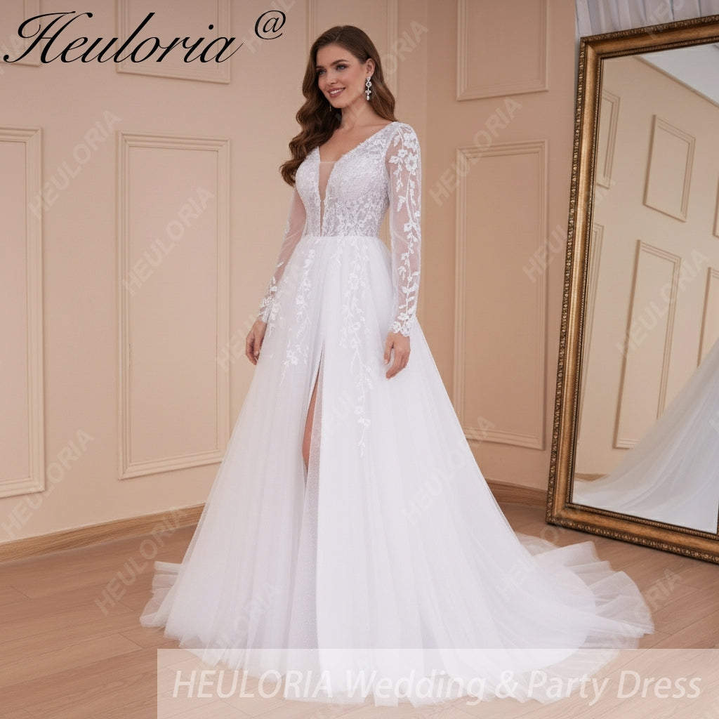 HEULORIA elegant A line long sleeve Court Train Tulle Lace Wedding Dress With Sequins AL-534A