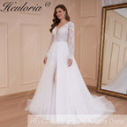 HEULORIA elegant A line long sleeve Court Train Tulle Lace Wedding Dress With Sequins AL-534A