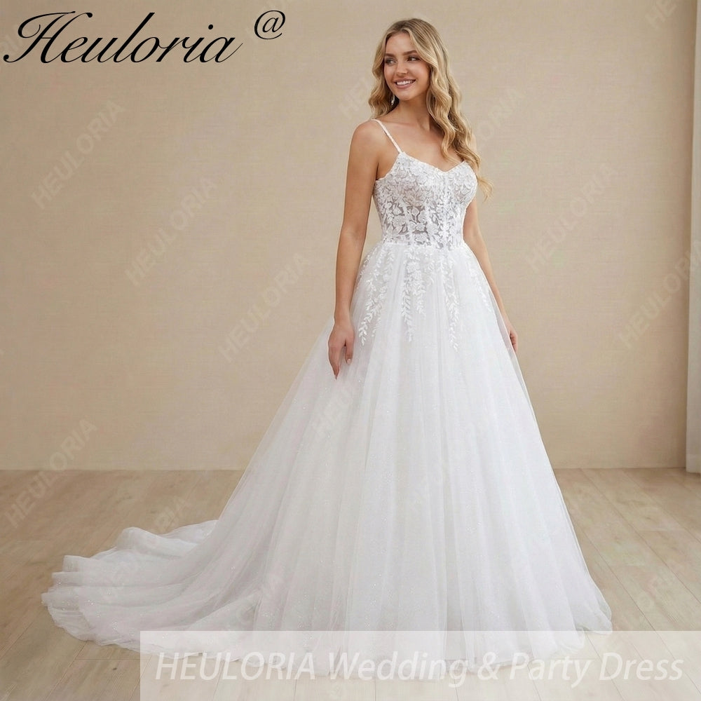 HEULORIA Sparkling Floral Lace Ball Gown Wedding Dress with Dainty Spaghetti Straps and Corset Bodice AL-1012
