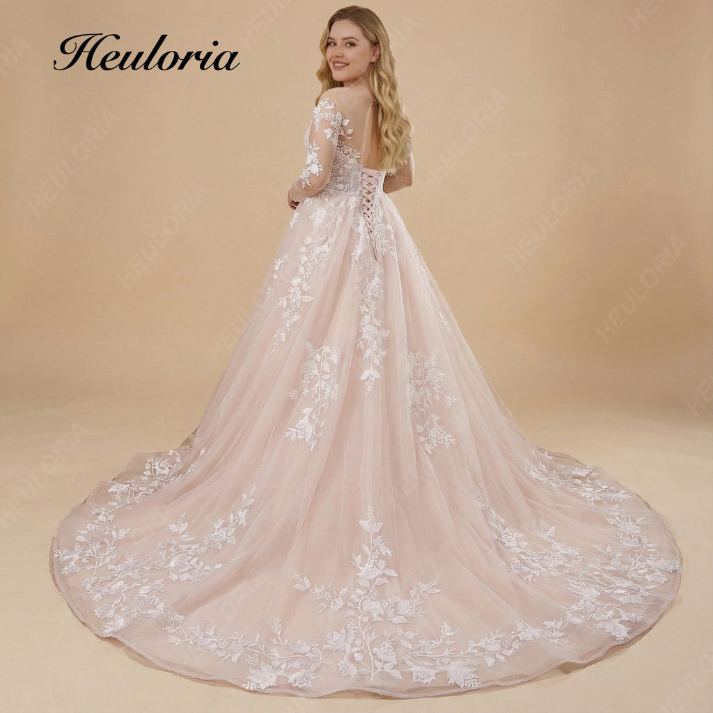 Illusion Sweetheart Floral Lace Long Sleeve A-Line Wedding Dress BA-834