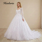 HEULORIA Elegant 3D Floral Lace Long Sleeve Wedding Dress - Sparkly Sequin Tulle Ball Gown with Corset Back BA-654A