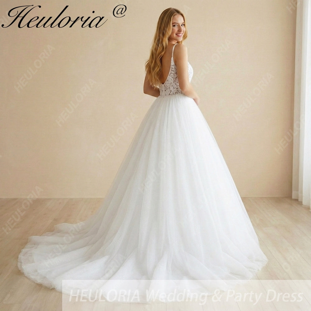 HEULORIA Sparkling Floral Lace A-Line Wedding Dress with Plunging V-Neck and Delicate Spaghetti Straps AL-1064