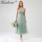 HEULORIA Sage Green Tea-Length Tulle Formal Dress - Frill Sweetheart Neckline & Corset Bodice Bridesmaid dresses ED-266