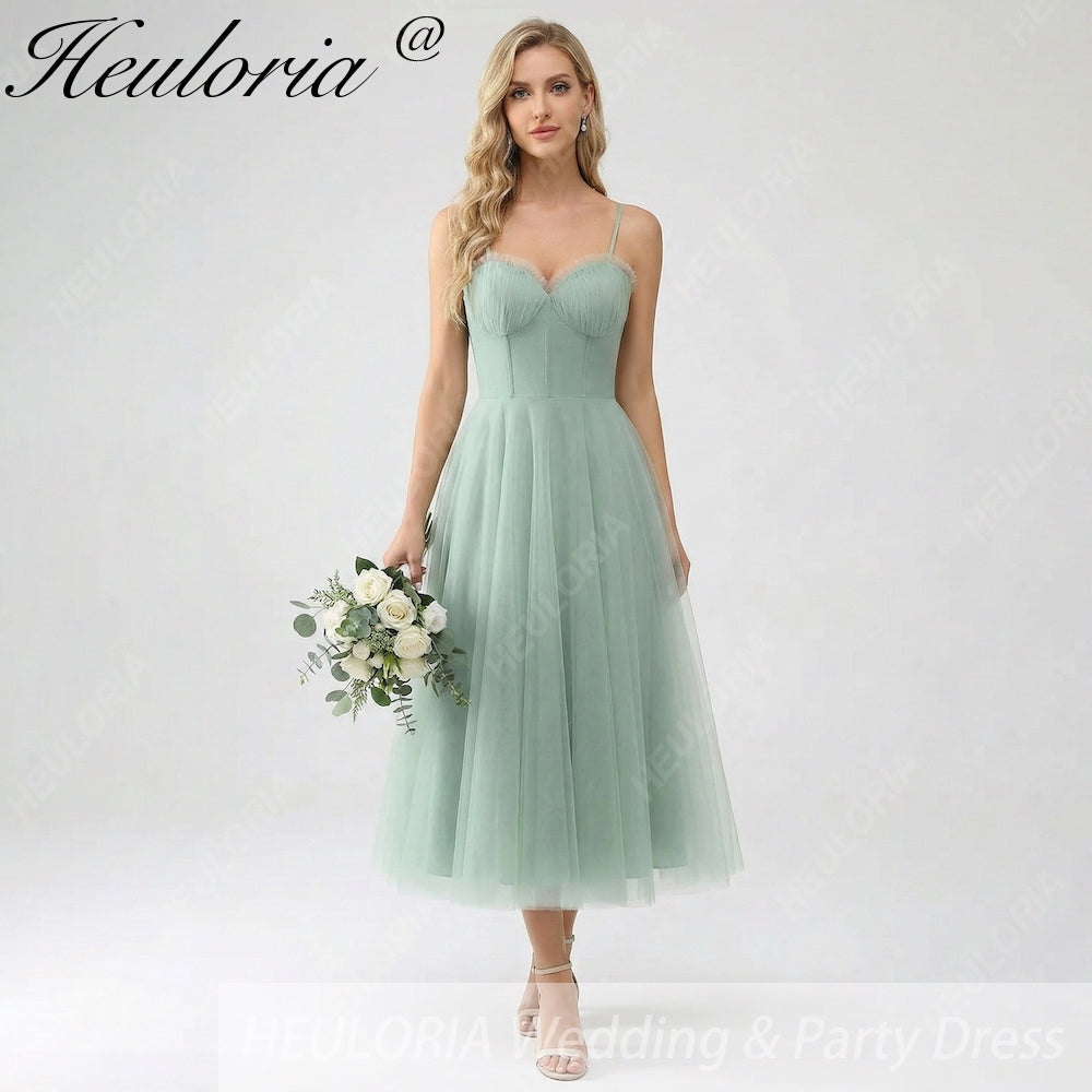 HEULORIA Sage Green Tea-Length Tulle Formal Dress - Frill Sweetheart Neckline & Corset Bodice Bridesmaid dresses ED-266