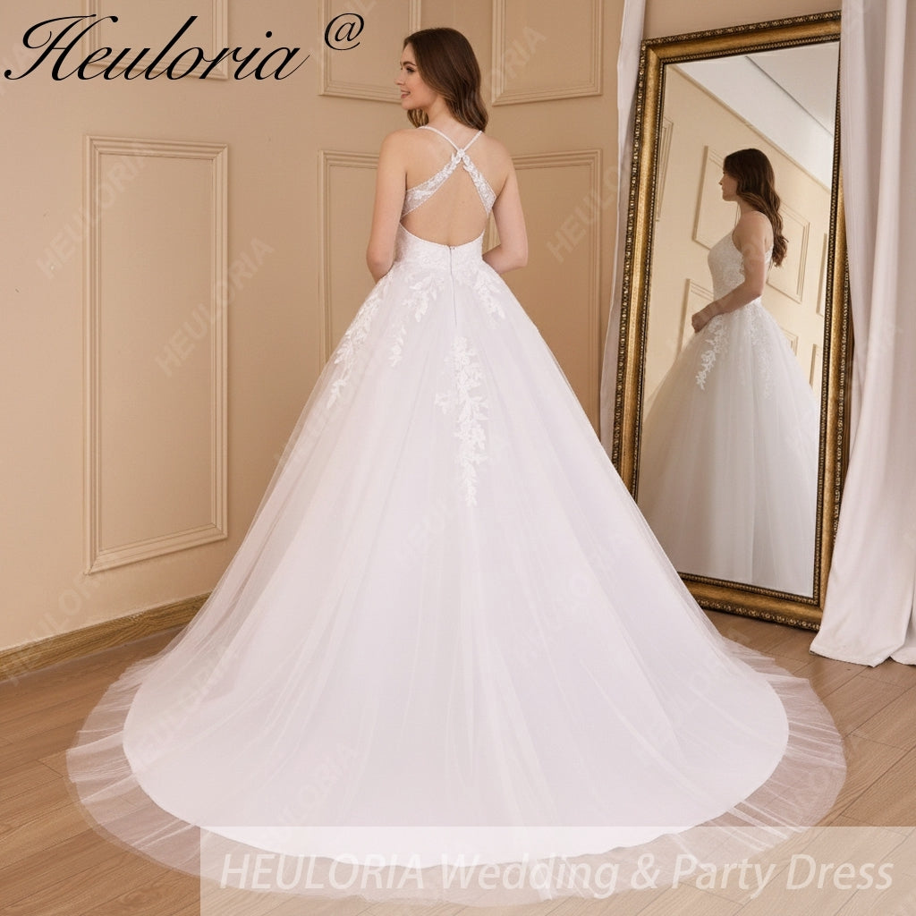 HEULORIA Lace Wedding Dresses A line Spaghetti Straps backless bride dress Robe De Mariee Wedding gown AL-802